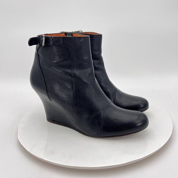 Lanvin Women Size 6 Black Patent Leather Buckle Side Zip Ankle Wedge Boot - Picture 4 of 16